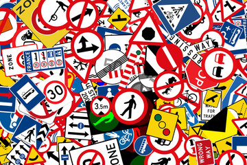 Background of road signs for traffic safety with signage and markers with prohibitions and obligations with elements as per current regulations