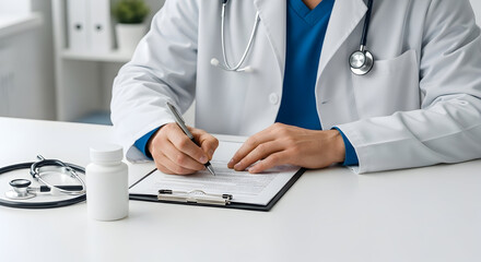 A trusted doctor expertly fills out a patient form. Symbolizing healthcare, medicine, and professional medical services for your wellness and treatment needs.