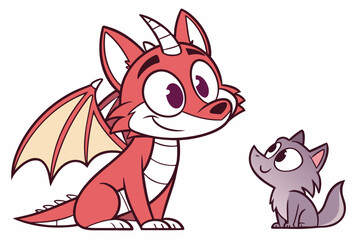 Cute cartoon dragon-wolf hybrid, vector art, clean outlines, flat color design, big happy eyes