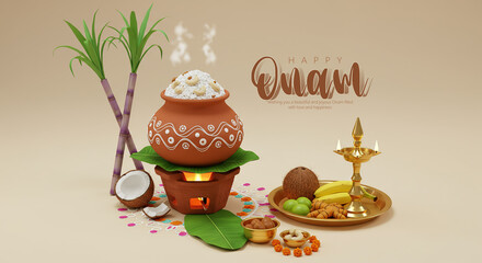Onam with traditional decorations, an auspicious lamp, festive food, and cultural elements.