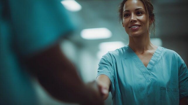 Nurse providing handover at nursing station with coordinated lighting and sharp focus