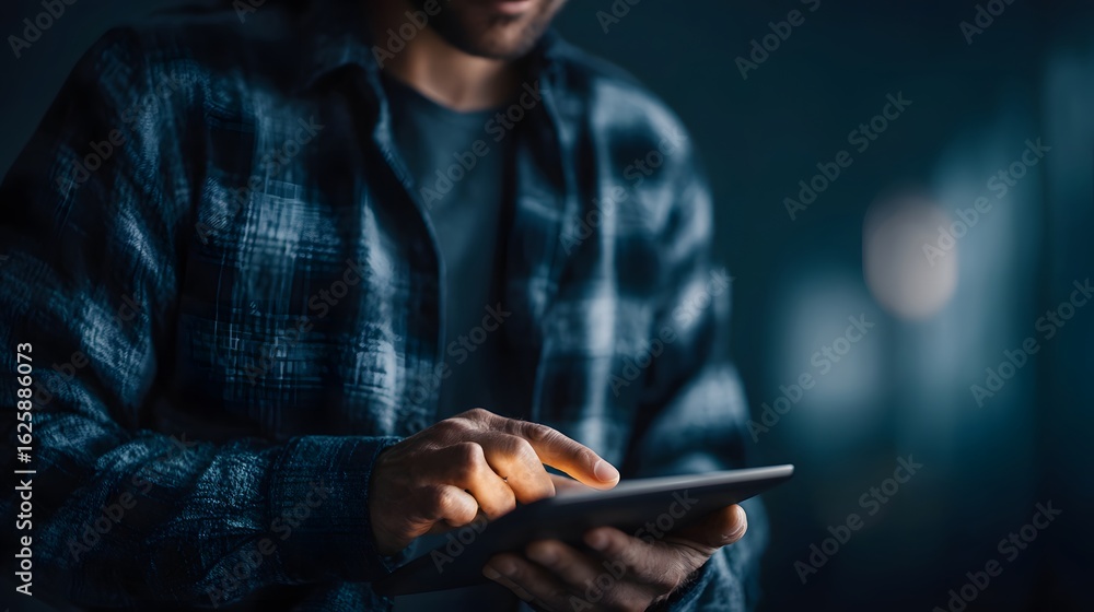 Poster man setting up online brokerage account on mobile device