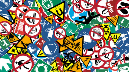 Background of safety signs and pictograms for workplace and people safety with signage and markers with prohibitions and obligations with elements as per current regulations