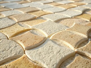Close up of textured beige and tan interlocking paving stones with a repeating geometric pattern