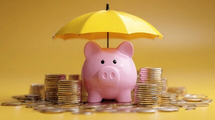 A piggy bank and stacks of coins are sheltered by a yellow umbrella