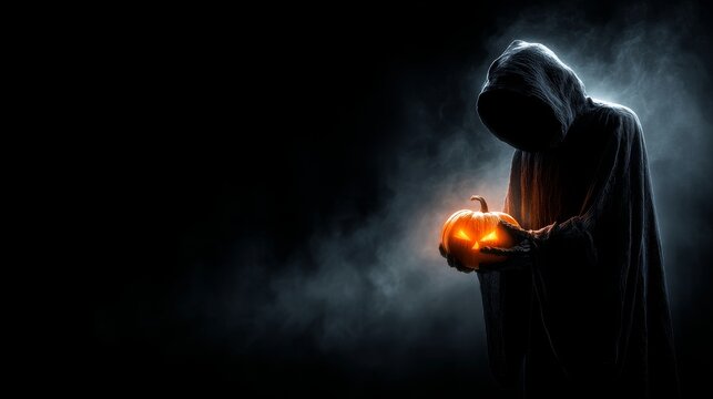 grim reaper holding glowing jack-o'-lantern, dark hooded figure, black cloak, sinister glowing pumpkin, smoky black background