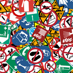 Background of safety signs and pictograms for workplace and people safety with signage and markers with prohibitions and obligations with elements as per current regulations