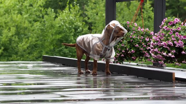 A happy dog walks in a raincoat on a wet wooden veranda next to flowers and a green forest. A cute, cheerful face peeks out from under a transparent raincoat. Summer rain