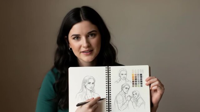 Young Woman Demonstrating Artistic Skills While Showcasing Sketchbook in Minimalist Studio Setting