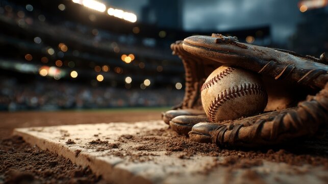 Baseball Glove and Ball Resting on Home Plate at Dusk