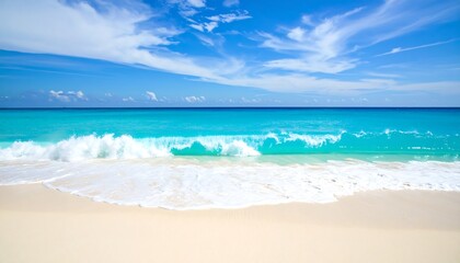 Fototapeta premium Serene beach scene; turquoise water laps white sand