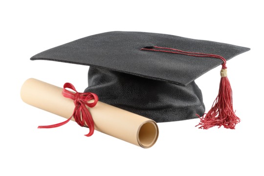 Graduation cap and diploma. Dark gray graduation cap with maroon tassel and cord. Light beige diploma roll tied with maroon ribbon. Isolated on black background