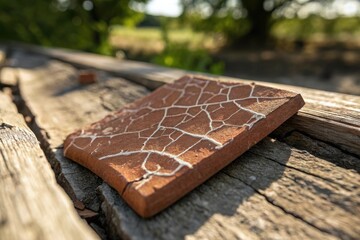 Ancient fossilized leaf imprint with intricate vein patterns on weathered wood in natural sunlight
