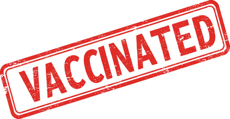 Red rectangular stamp with the word vaccinated in bold red letters isolated on transparent background