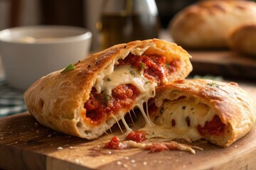 Delicious italian stuffed bread roll with melted cheese and tomato filling on a wooden board