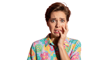 Extremely terrified young woman with hand on face, isolated on a transparent background