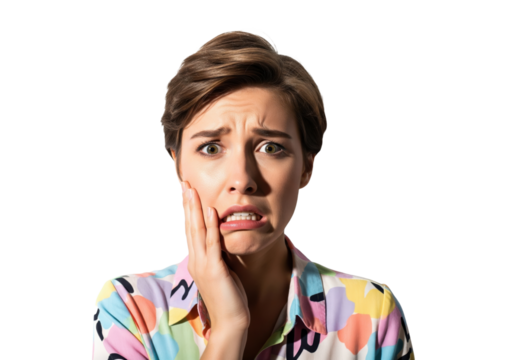 Extremely terrified young woman with hand on face, isolated on a transparent background