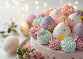 Beautifully decorated easter cake with pastel egg decorations and meringue kisses