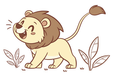 Cute cartoon lion in simple vector style, flat colors, minimal lines, front view, white background, happy face