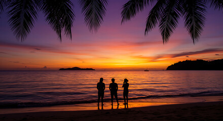 A vibrant beach landscape at sunset, showcasing the beauty of nature and human connection.

