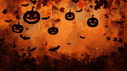 Halloween background with glowing jack-o'-lanterns, orange gradient backdrop, flying bats, autumn leaves, spider webs and curling vines, decorative silhouette elements, spooky and festive design