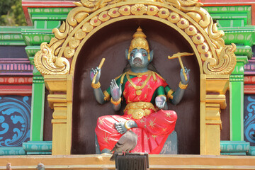 Goddess Varahi sculpture in Hindu temple niche, ancient Indian deity, Tantric worship, Hinduism, spiritual art, sacred feminine, traditional stone carving, religious iconography