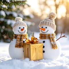Two snowmen in winter attire exchange a golden gift in a snowy landscape bathed in sunlight