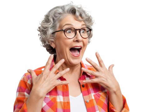 Extremely surprised happy senior woman with palms up, isolated on a transparent background
