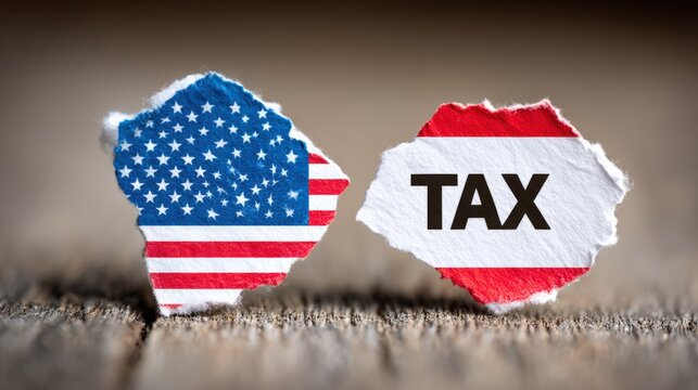 Torn Paper Pieces with American Flag and Tax Concept on Wood