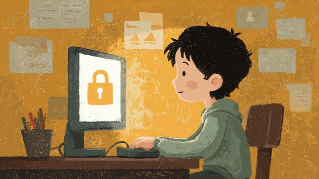 Illustration of a boy using a computer with a padlock icon on the screen at a desk at home - Powered by Adobe