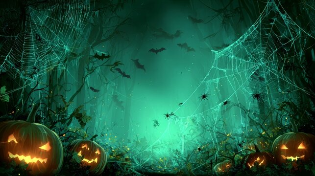 Fototapeta Halloween background with glowing jack-o'-lanterns, eerie green gradient backdrop, bats flying, swirling vines, dead leaves and spider webs, creepy Halloween forest style