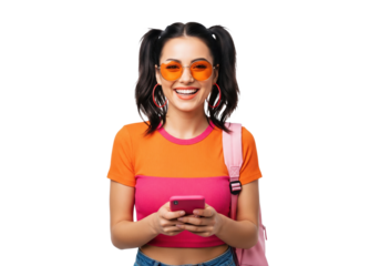 Joyful beautiful young woman using smartphone, wearing sunglasses, isolated on a transparent background
