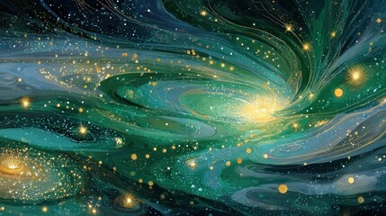 Abstract illustration depicting a swirling, cosmic scene with golden accents and vibrant teal tones