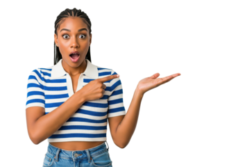 Startled woman with open mouth pointing at empty palm, isolated on a transparent background
