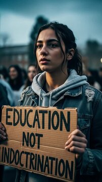 Determined Young Woman Holding 'Education Not Indoctrination' Sign at a Protest for Academic Freedom and Critical Thinking