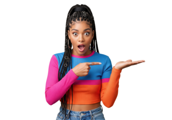 Startled woman with open mouth pointing at empty palm, isolated on a transparent background
