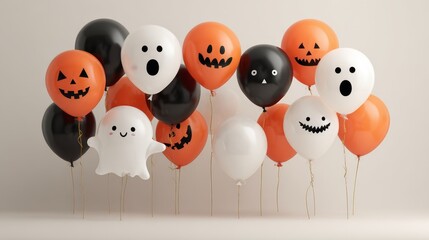 Halloween balloons with spooky faces, orange black and white balloons with jack-o'-lantern and ghost designs
