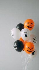 Halloween balloons with spooky faces, orange black and white balloons with jack-o'-lantern and ghost designs