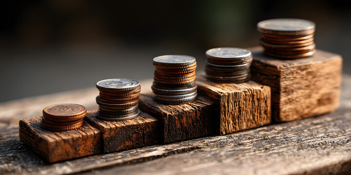 Wooden block stairs topped with coins, symbolizing incremental savings, coins, cost reduction