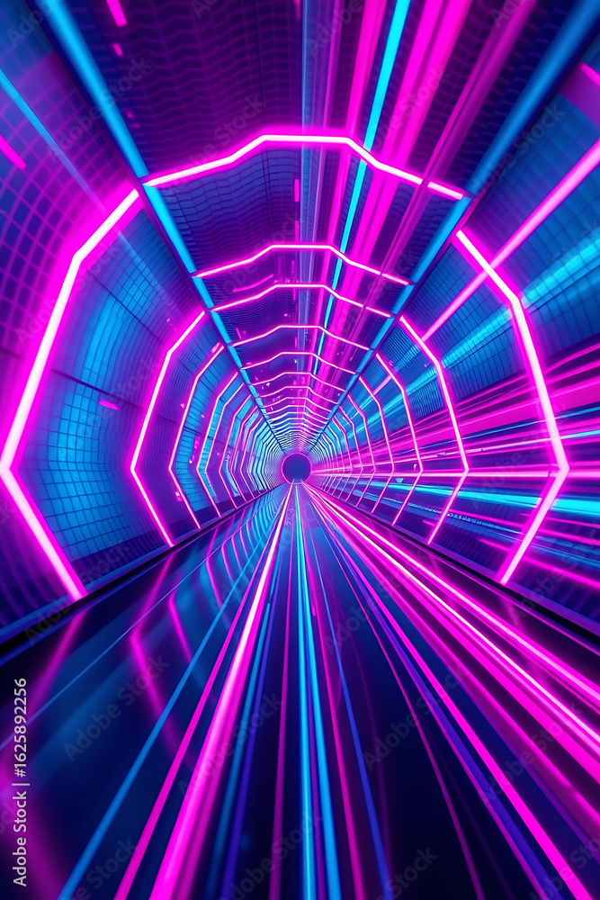 Poster an abstract perspective of a tunnel illuminated with vibrant pink and blue neon lights, creating a f