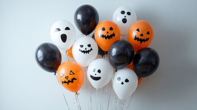 Halloween balloons with spooky faces, orange black and white balloons with jack-o'-lantern and ghost designs - Powered by Adobe