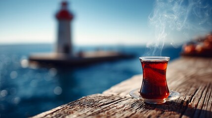 Steaming Turkish tea in a glass cup on a wooden pier