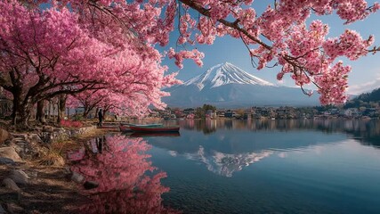 A serene lake scene framed by vibrant pink cherry blossoms with a snow-capped mountain in the distance. A boat rests on the water - Powered by Adobe