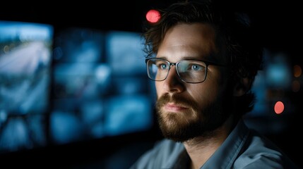 Technician monitoring control room screens with precise industrial lighting