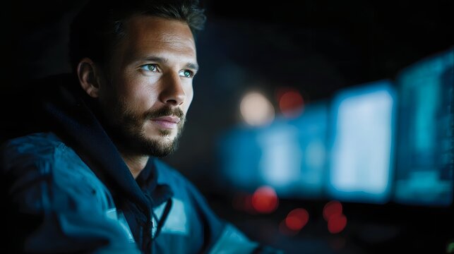 Technician monitoring control room screens with industrial lighting