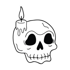halloween skull with melting wax candle on white background 