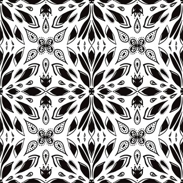 Geometric Floral Black and White Seamless Pattern 3000x3000 jpg.