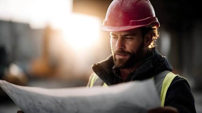 Construction worker reviewing blueprint on site - Powered by Adobe