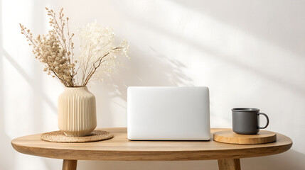 Cozy corner with laptop dried flowers and coffee mug on wooden table