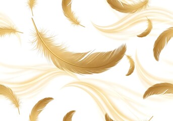 Golden feathers delicately float on gentle waves creating a serene and elegant visual effect